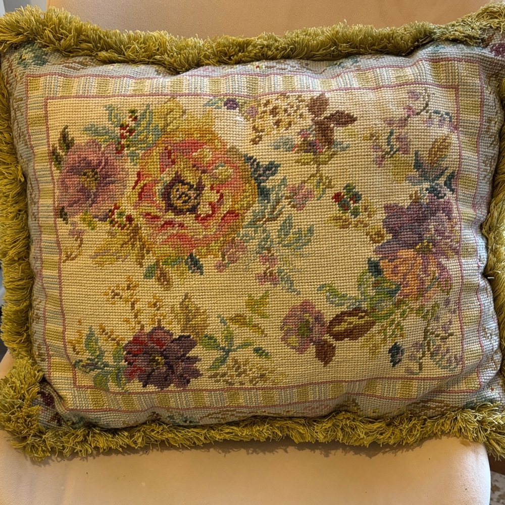 Floral Needlepoint Throw Pillow in Green Fringe